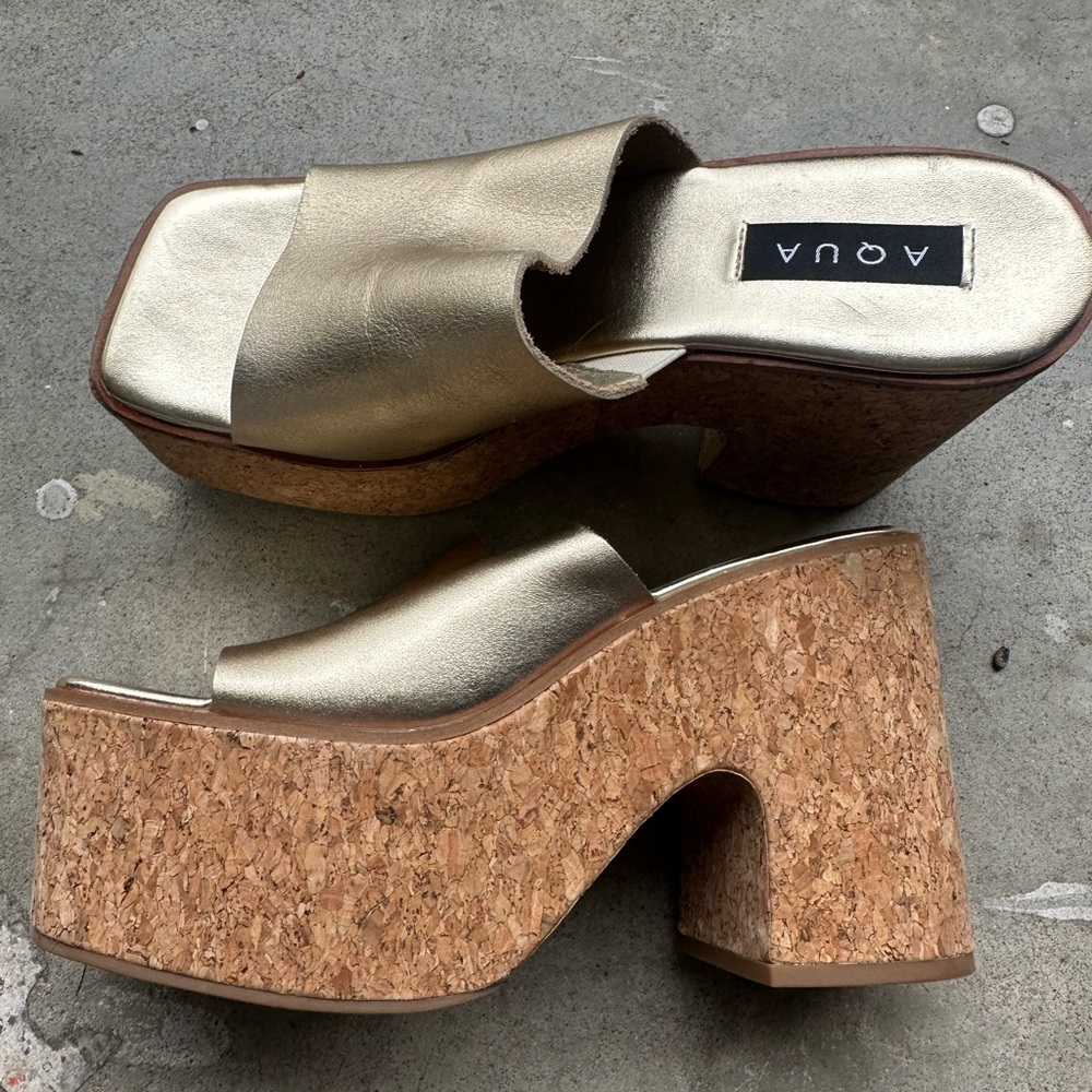 Aqua Women Oliva Slip On Platform High Heel Sandals gold Leather womens 9.5
